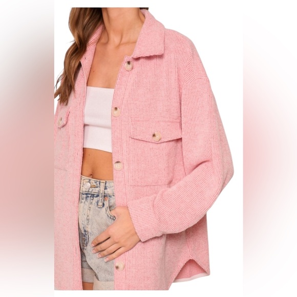 Shacket Collared Button Up Long Sleeve Reddish/ Pink with Cream stripe Shacket - Picture 2 of 6